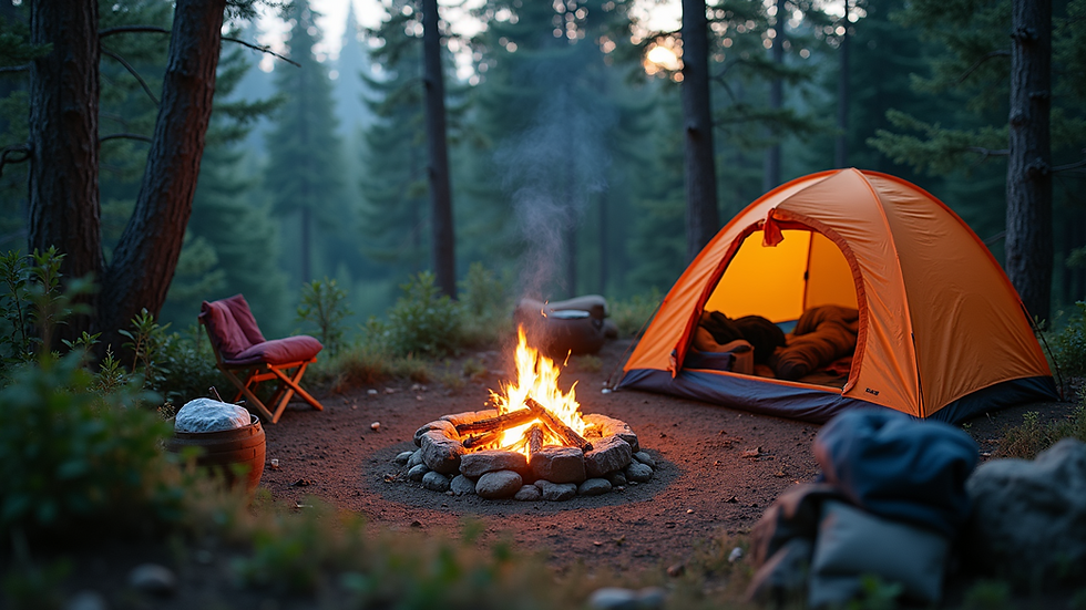 High angle view of a campsite with a tent, campfire, and organized gear