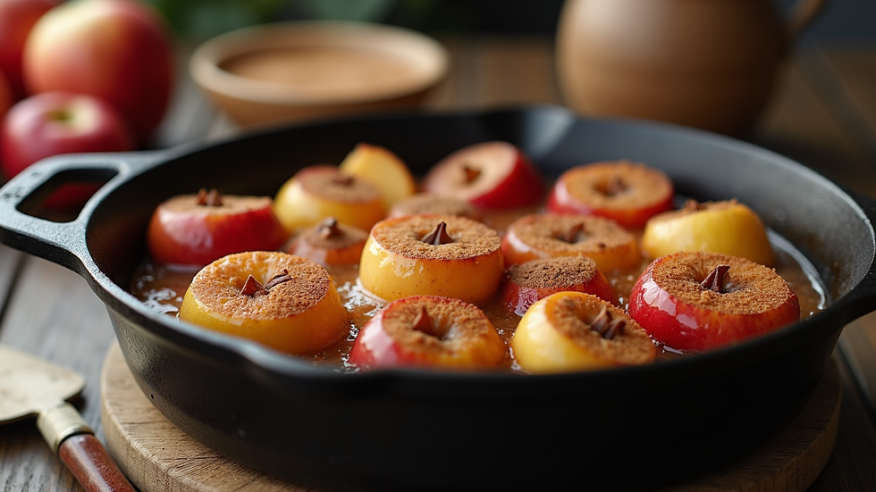 Close-up view of sweet cinnamon apples in a cast iron skillet