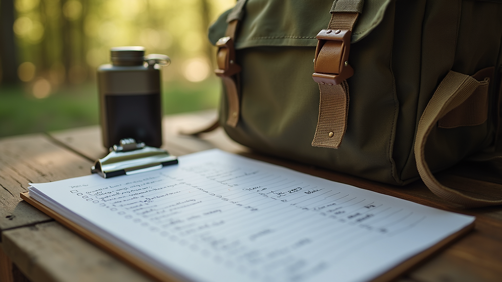 Close-up view of a camping checklist and packed backpack on a wooden table