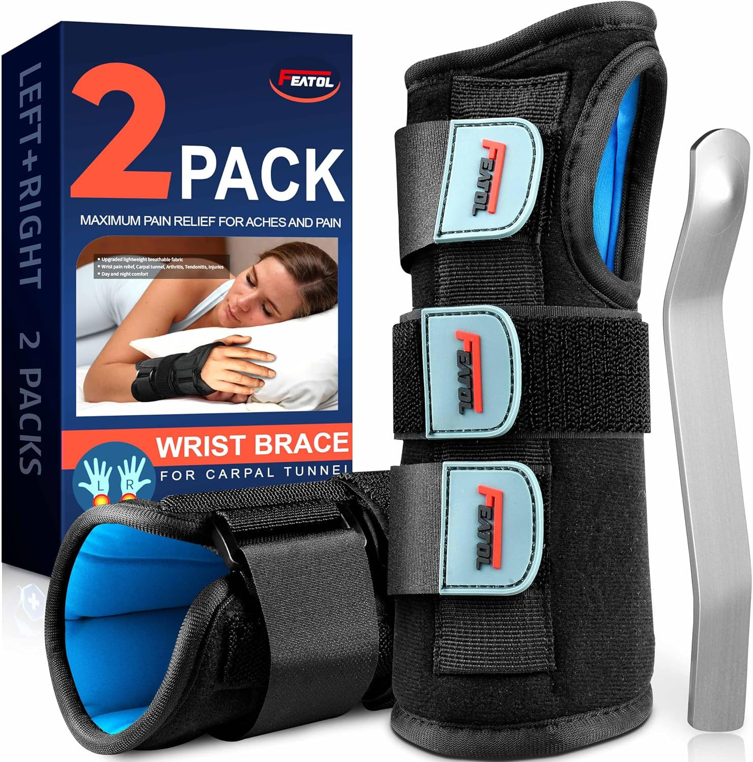FEATOL 2 Pack Blue Black Wrist Brace for Carpal Tunnel Wrist Brace  腕管腕帶2 件裝