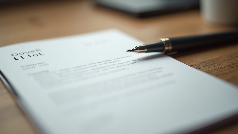 Close-up view of a printed cover letter with a pen on a wooden desk