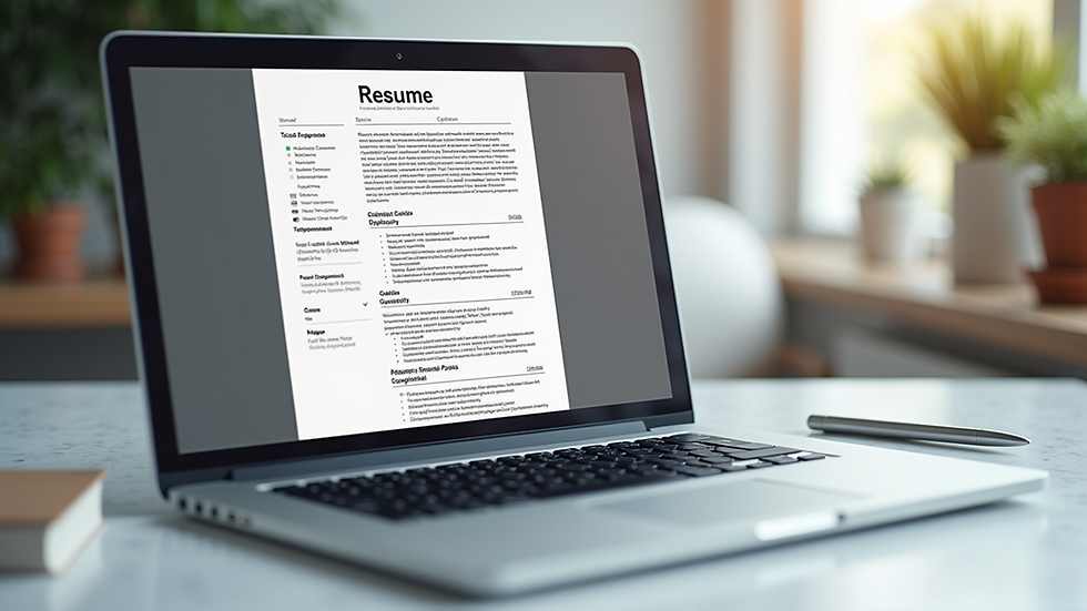 Eye-level view of a laptop screen showing a resume template on a clean desk