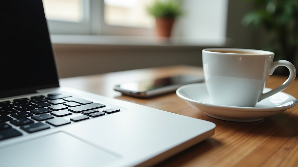 Eye-level view of a neat desk with a laptop and a cup of coffee