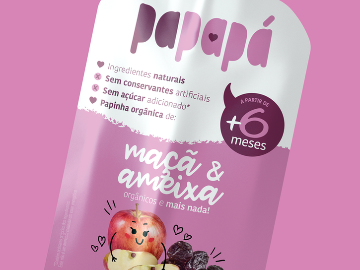 Projeto gráfico de embalagens de papinhas infantis da Papapá: zoom no sabor maçã e ameixa