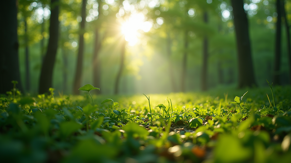 Eye-level view of a lush green forest with sunlight filtering through the leaves