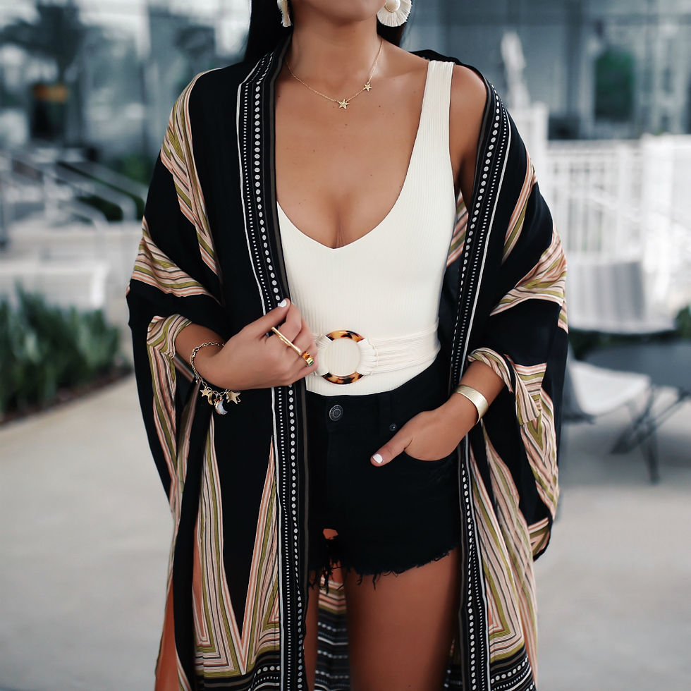 Blogger Sarah Lindner of The House of Sequins wearing montce Kim One-Piece Swimsuit with Belt, Marc Fisher wedge sandals, must have beach kimono from amazon