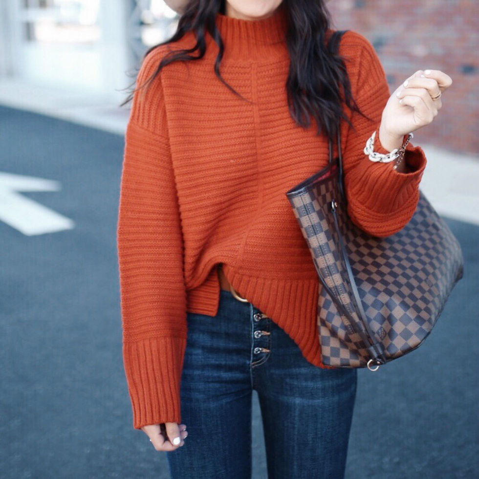 Blogger Sarah Lindner of The House of Sequins wearing topshop mock neck sweater, veronica beard debbie frayed crop skinny jeans, How to authenticate a Louis Vuitton Neverfull GM bag on eBay