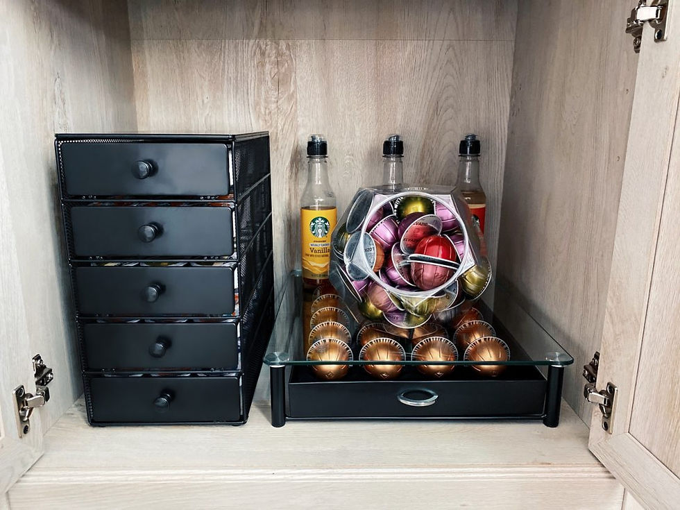 Blogger Sarah Lindner of The House of Sequins sharing coffee bar setup and accessories.