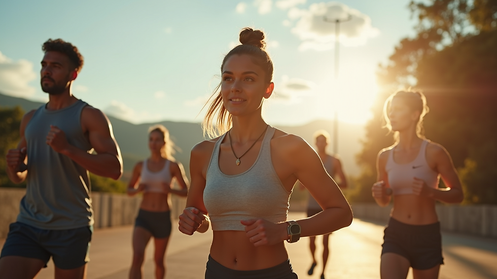 Wide angle view of a fitness class outdoors