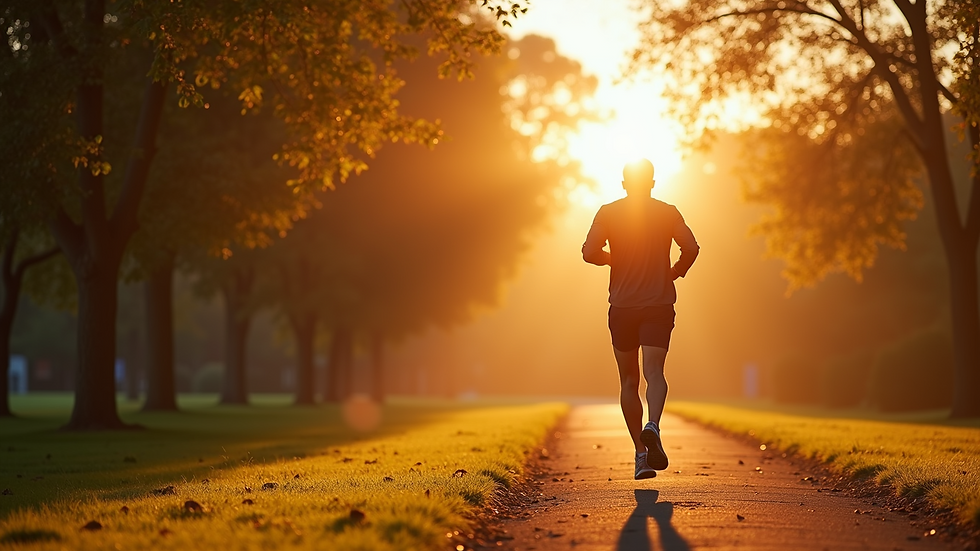 High angle view of a person jogging in a park during sunrise
