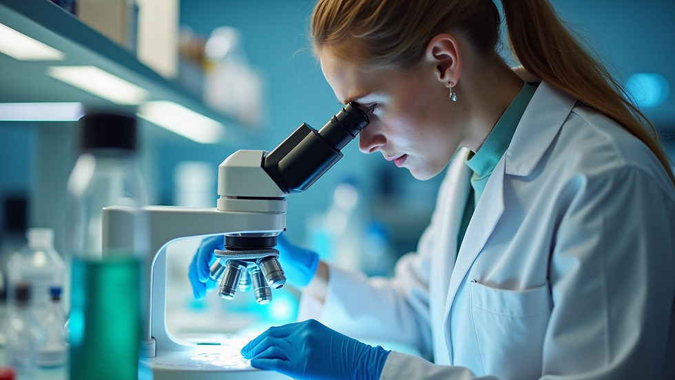 Eye-level view of a laboratory technician analyzing samples