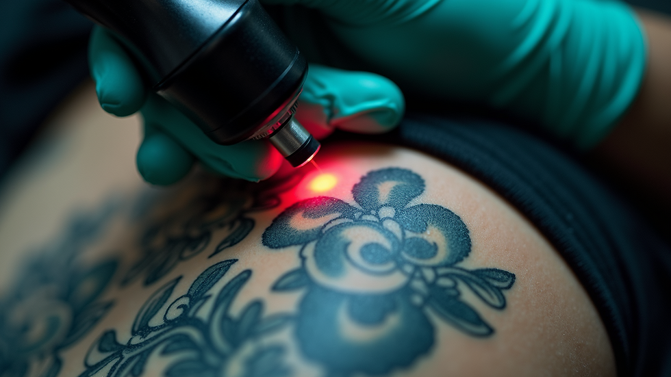 Close-up view of laser device targeting tattooed skin