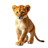 A lion cub, without a mane, against a white background. We see the cub's entire body inclu