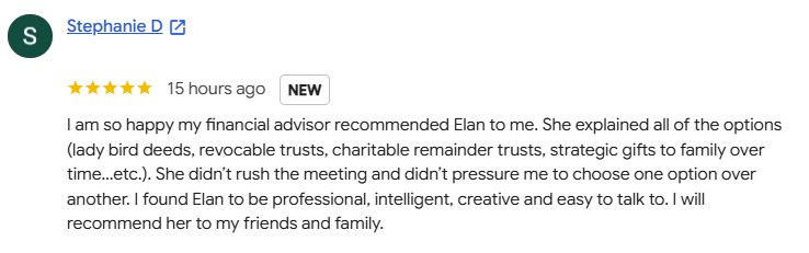 Positive Review of Elan Kaney's legal services by Stephanie