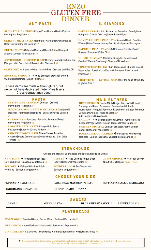 Gluten Free Dinner Menu