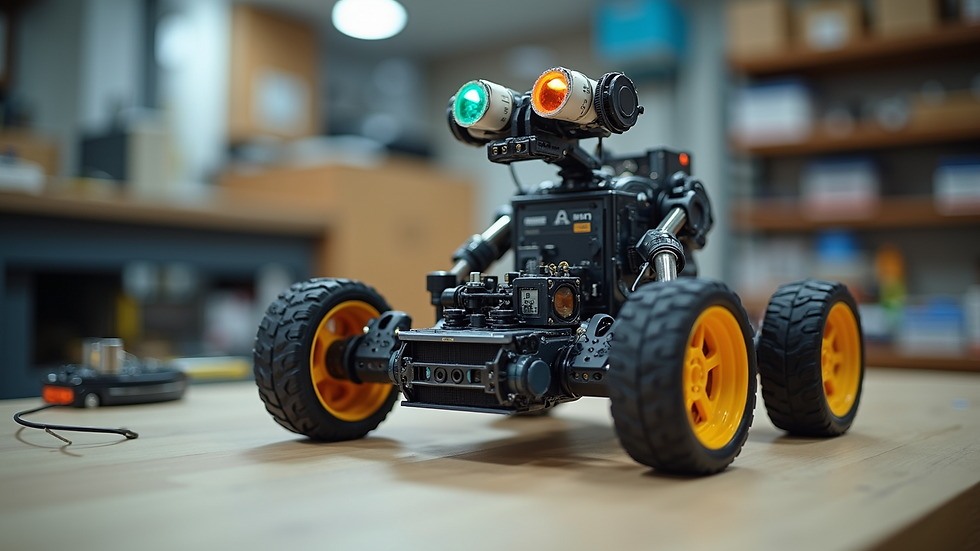 Eye-level view of a partially assembled robot from a STEM learning kit on a workbench