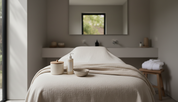 Wide-angle view of a calm facial treatment bed with soft towels and simple skincare products.