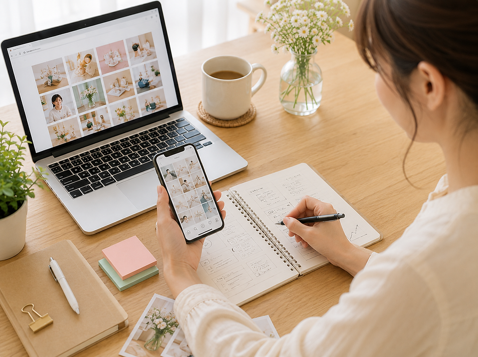 パソコンとスマートフォンを使ってInstagram運用に取り組む女性