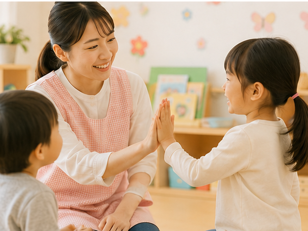 子どもと笑顔で関わる保育士