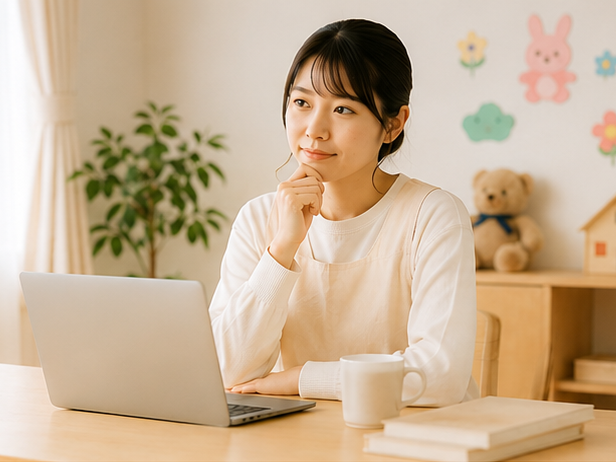 パソコンを前に副業や新しい働き方について考える保育士