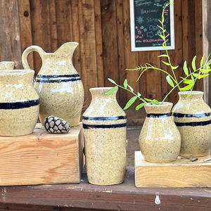 Stoneware vases and jugs, 1800's-style white tavernware with cobalt stripes