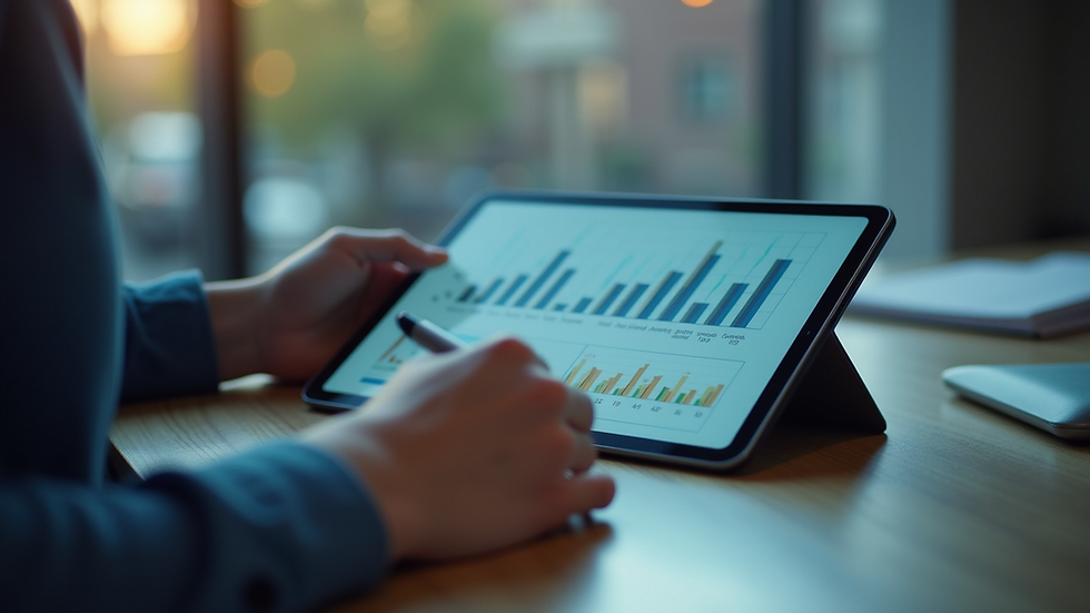 Close-up view of a person working on a tablet with digital transformation charts