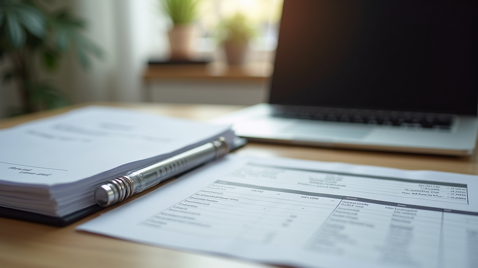 Eye-level view of a desk with invoices, purchase orders, and a laptop