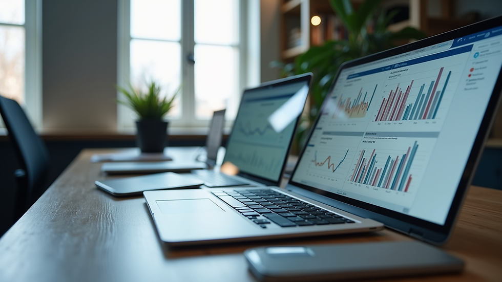 Eye-level view of a modern office desk with a laptop displaying data analytics