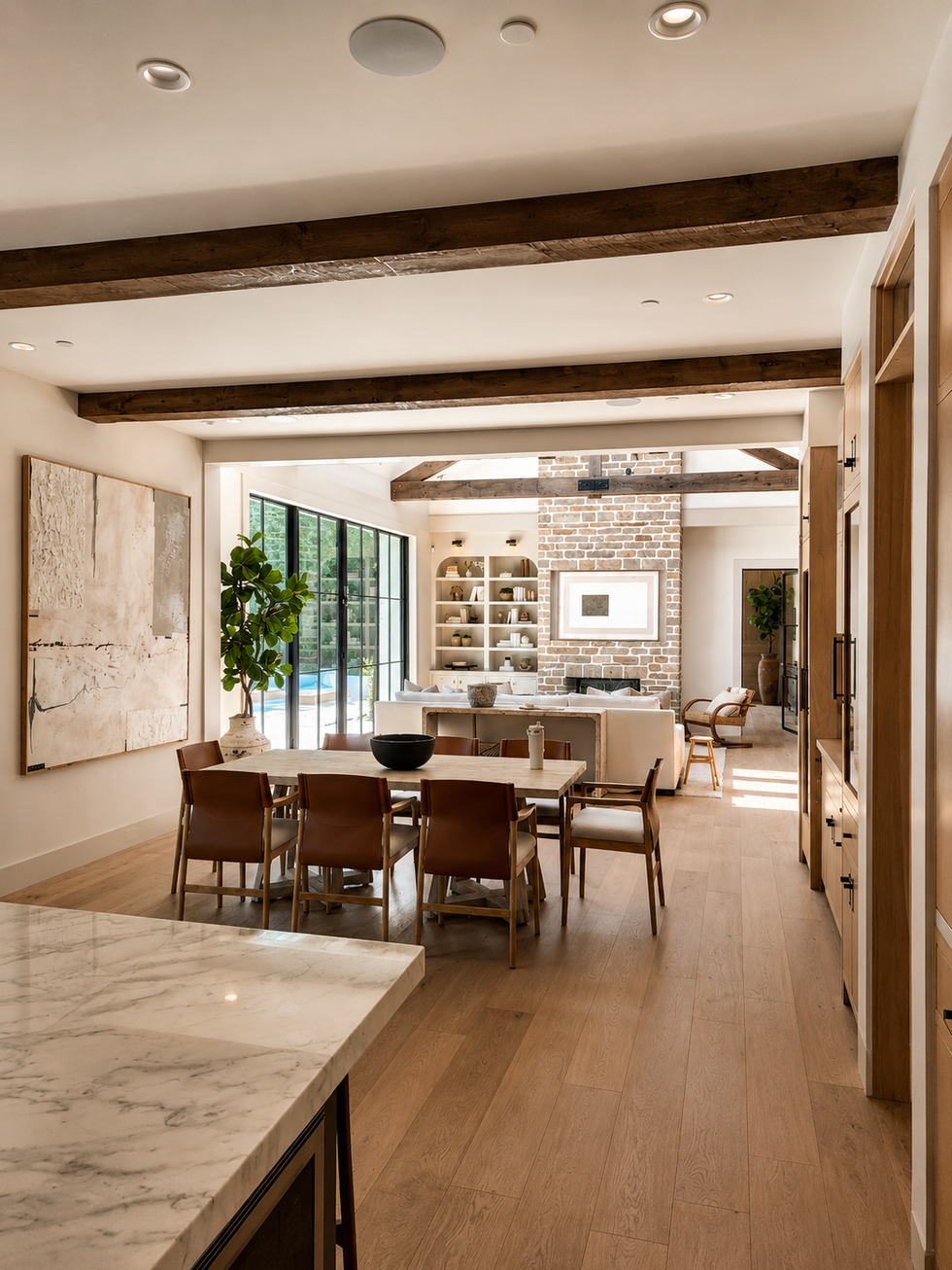 A bright, open-concept living space featuring freshly painted walls, ceilings, trim, and exposed wood beams. Designed by Red Door Homes, a premier Los Angeles design-build company.