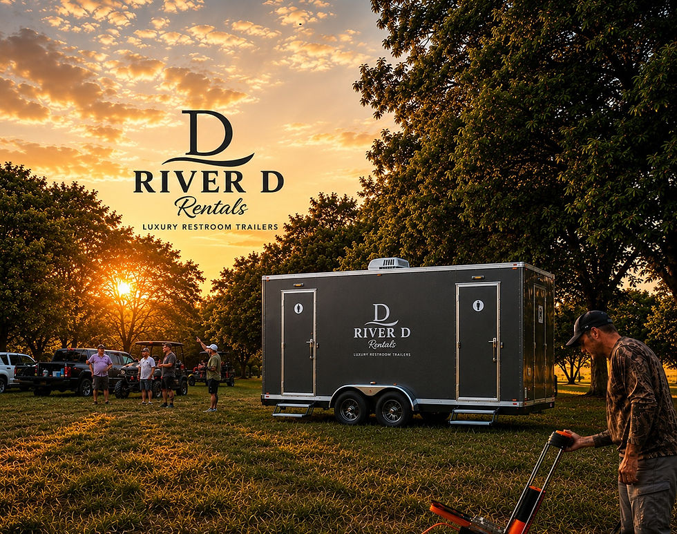 River D Luxury Restroom Trailer Rentals Central Texas at sunset