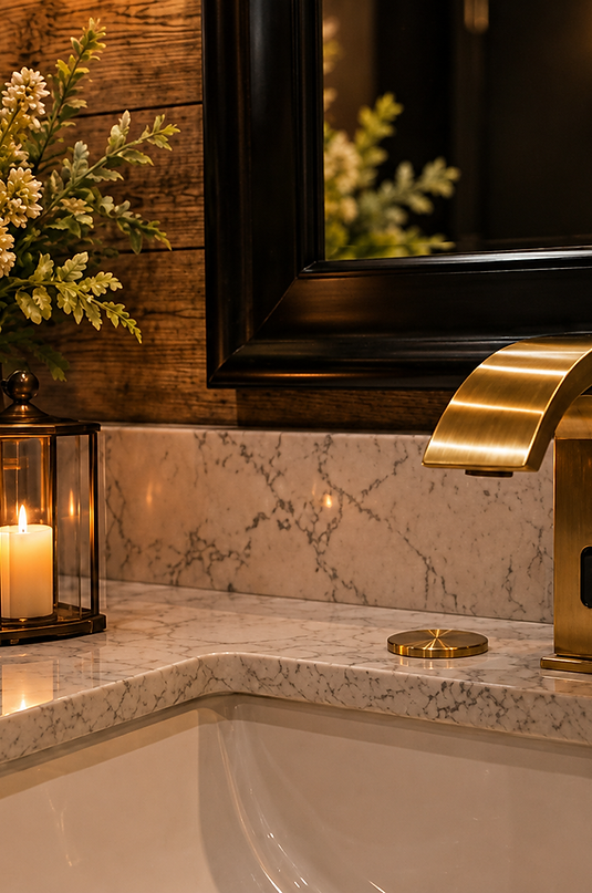 Luxury restroom trailer rental in Central Texas with gold faucet