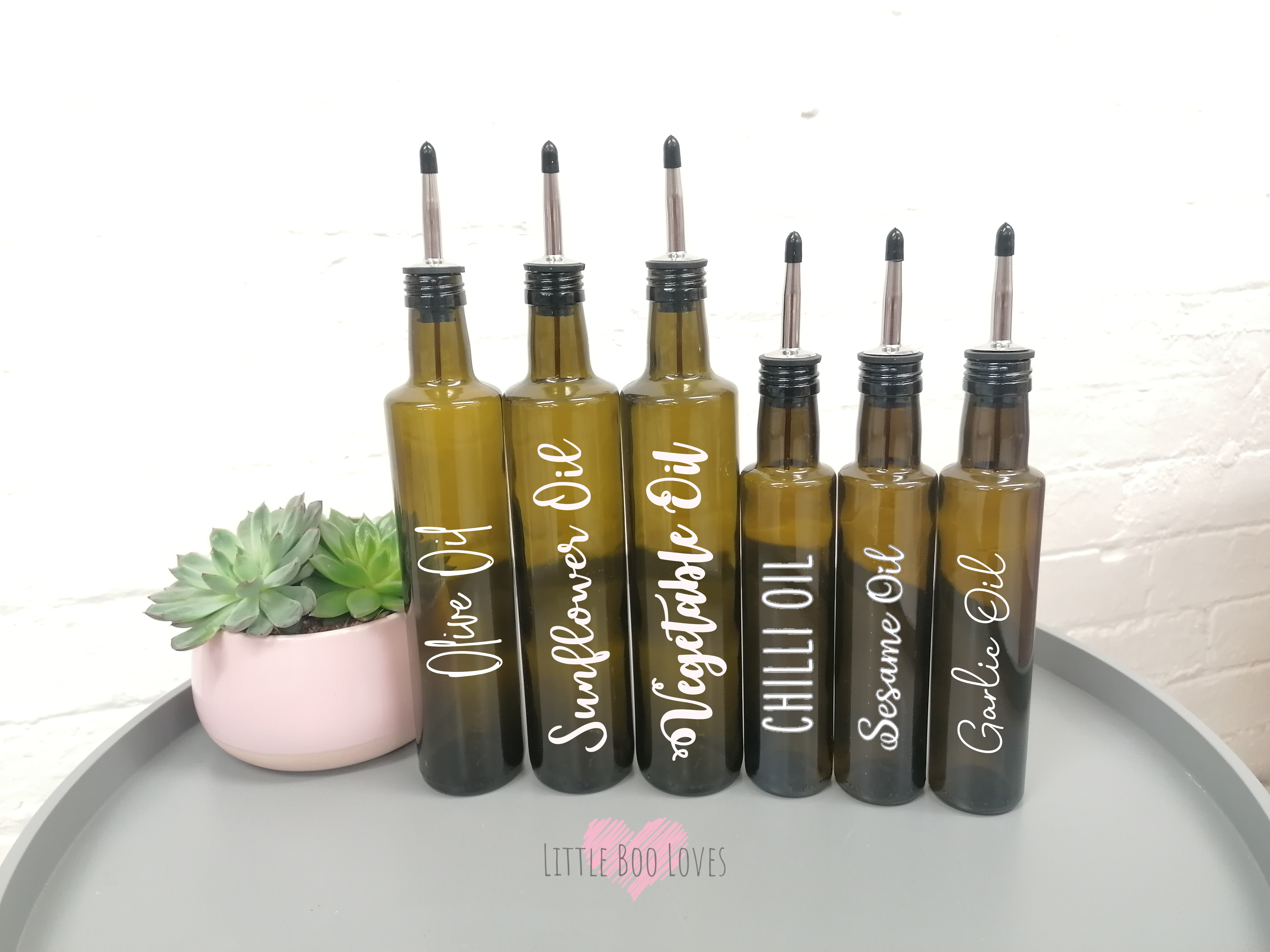 Personalised green round olive oil bottle with pourer