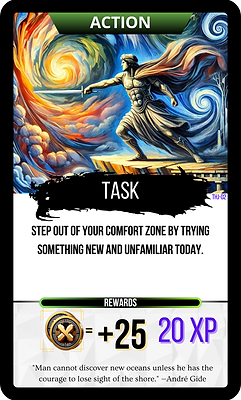 “The Voyager Action Card – Task: Step out of your comfort zone by trying something new and unfamiliar. Rewards: +25 coins, 20 XP. Illustrated with a figure walking into a swirling cosmic storm.”