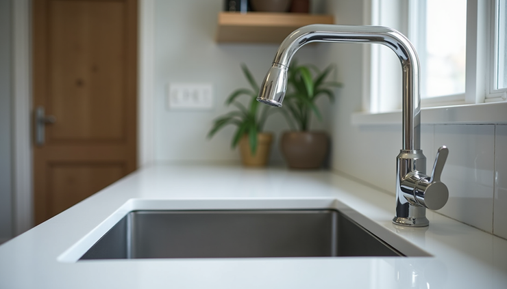 Eye-level view of a modern Auckland kitchen sink with a new mixer tap installed