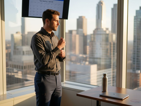 Urban professional in performance apparel office scene