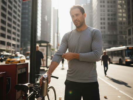 Urban commuter adjusting technical shirt on city street