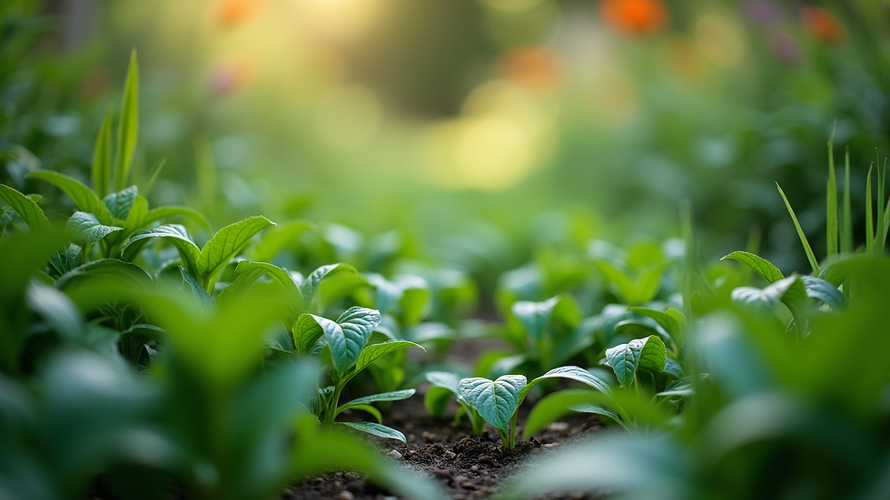 Eye-level view of a lush green garden with various plants
