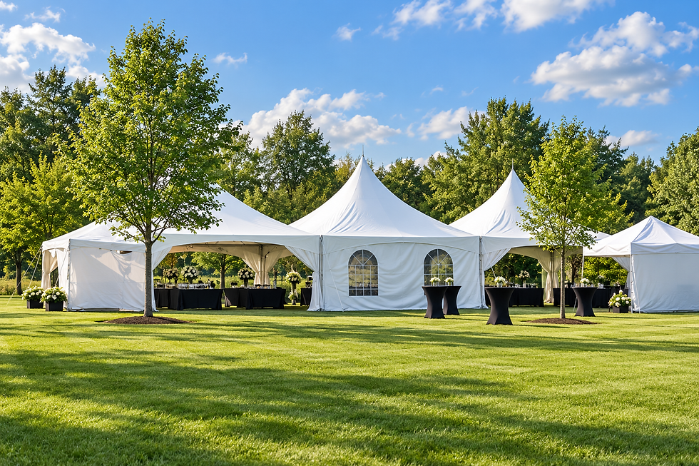 White event tents and cocktail tables on a sunny green lawn with trees and blue sky, creating a calm outdoor reception scene