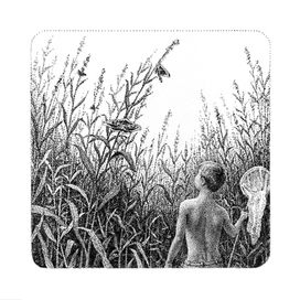 Beautiful graphic drawing of a boy with a net looking up at a butterfly in the tall grass | Красивый графический рисунок мальчика с сачком который смотрит вверх на бабочку в высокой траве