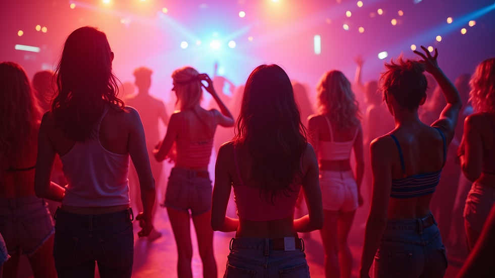 Eye-level view of a vibrant 80s themed party with guests dancing