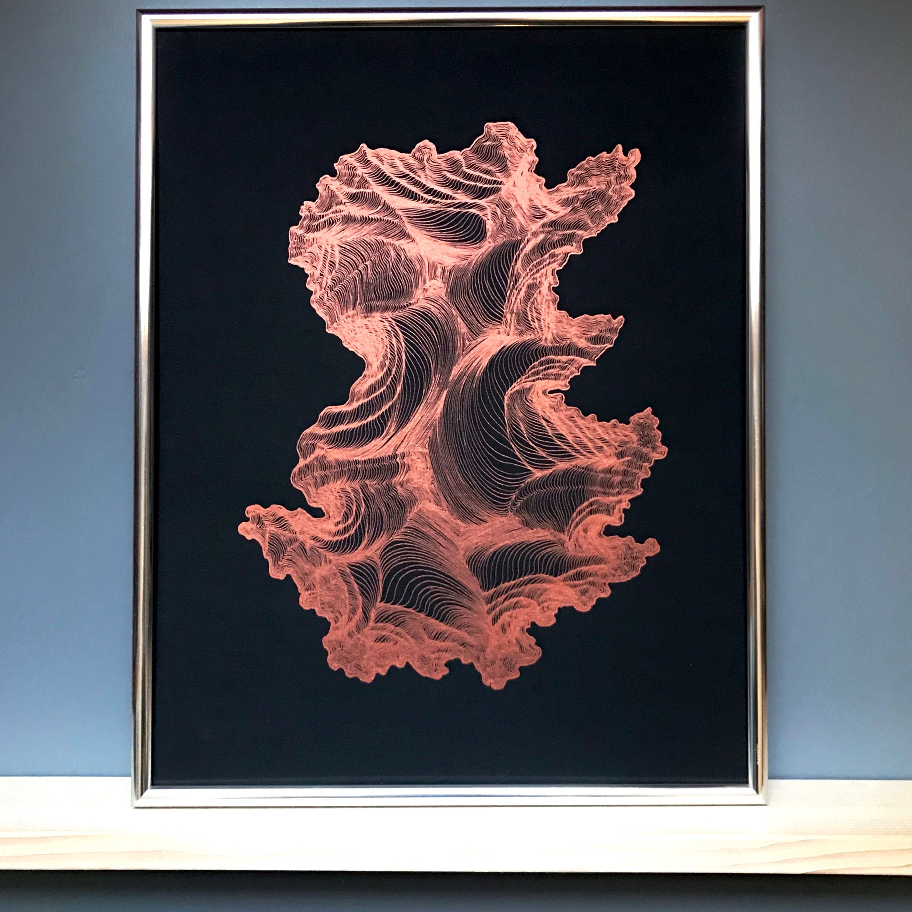 Abstract shape created by line drawing screen printed in copper ink on black cardstock.