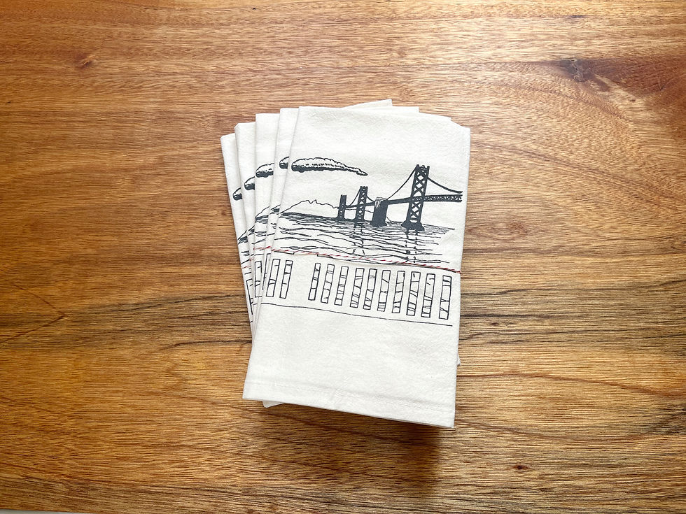 Bay Bridge design printed in gray ink on natural flour sack dishtowels