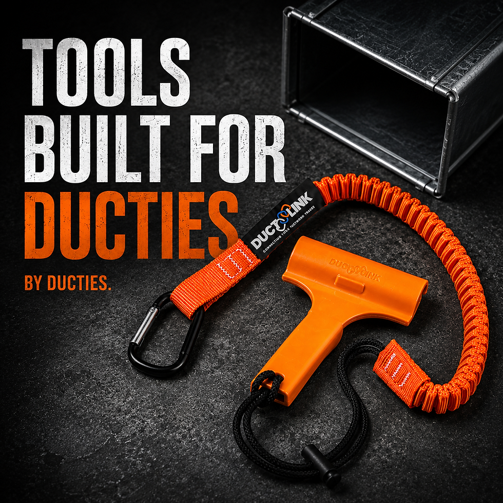 Ductwork installer on Australian construction site with Ductlink Tools Built for Ducties branding