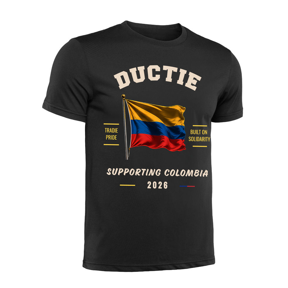 Black Ductie Origins fundraising T-shirt featuring a Colombian flag design