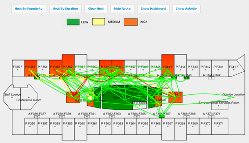 Heat map visualization shows the location of the greatest traffic within a nursing unit, courtesy of Stanley Healthcare