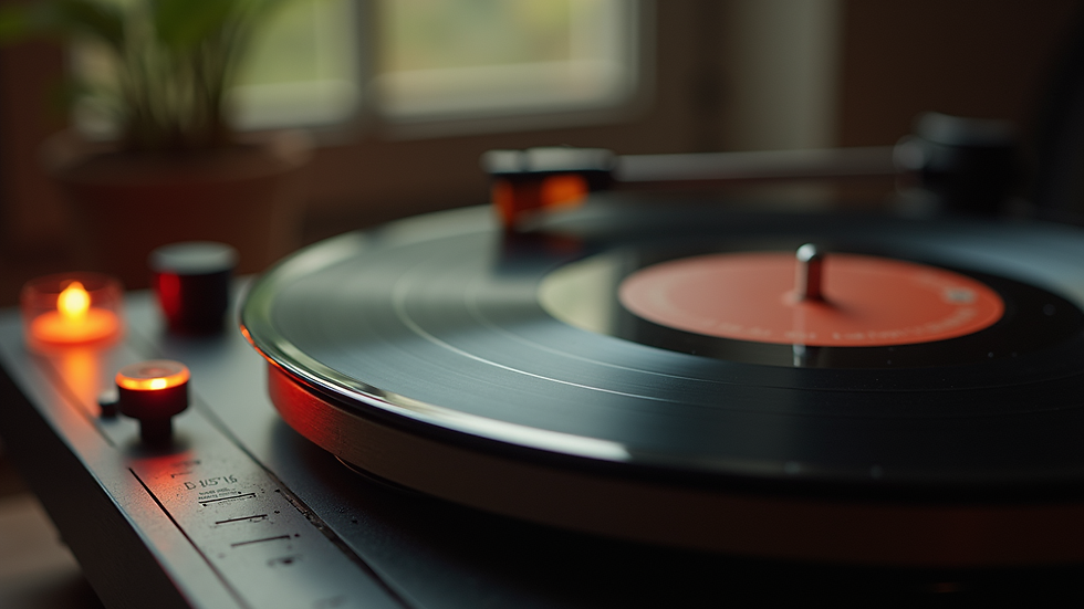 Eye-level view of a vintage vinyl record player with a classic soul album
