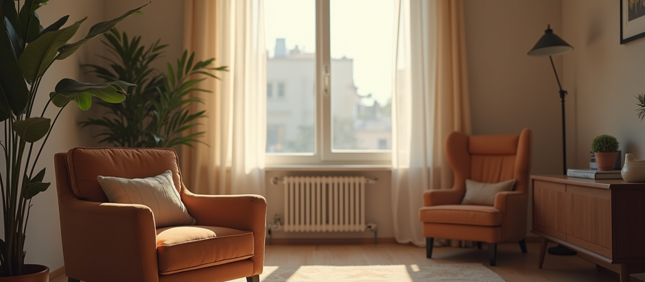 A sunny trauma therapy room for millennial women showing a two chairs and a window overlooking the outside