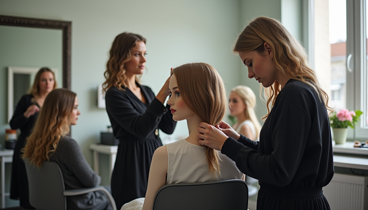 Eye-level view of a hair and beauty classroom with students practicing hairstyling techniques on mannequins