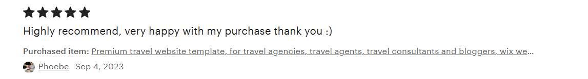 5-star review from Phoebe, highly recommending the travel website template, expressing happiness with the purchase.