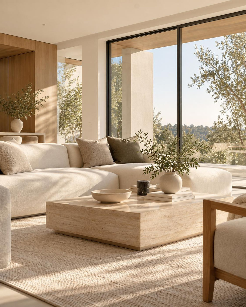 Modern minimalist living room with neutral tones and large windows.
